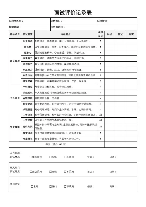 面试评价记录表