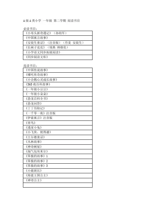 A级A类小学 一年级 第二学期 阅读书目