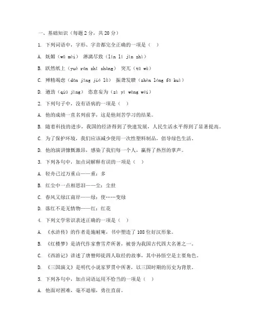 新泰中考模拟题语文试卷