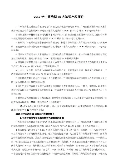2017年中国法院10大知识产权案件