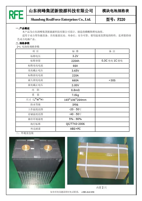磷酸铁锂电池产品规格书F220(中文简)