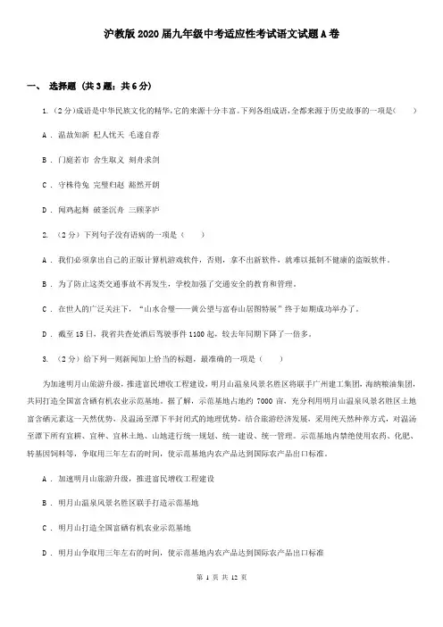 沪教版2020届九年级中考适应性考试语文试题A卷
