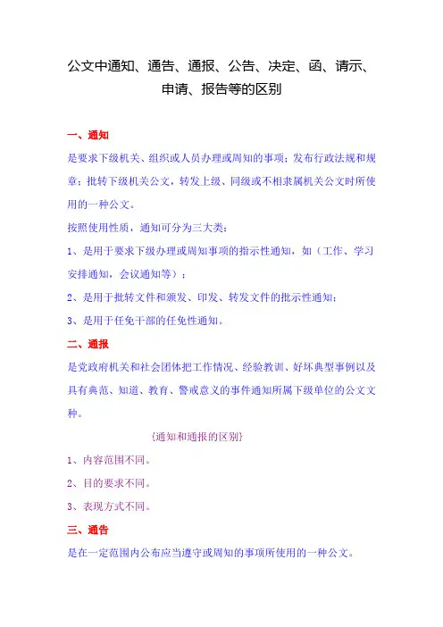 公文中通知、通告、通报、公告、决定、函、请示、申请、报告等的区别