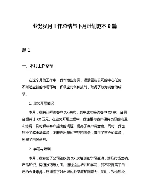 业务员月工作总结与下月计划范本8篇