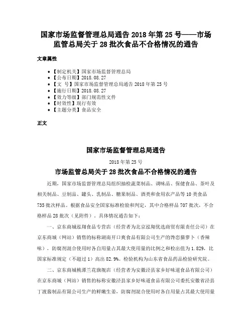 国家市场监督管理总局通告2018年第25号——市场监管总局关于28批次食品不合格情况的通告