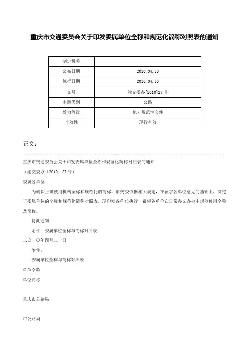 重庆市交通委员会关于印发委属单位全称和规范化简称对照表的通知-渝交委办[2010]27号