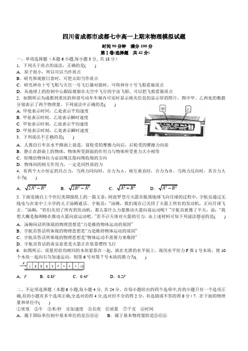 四川省成都市成都七中高一上期末物理模拟试题