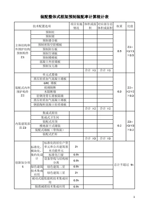 装配整体式框架预制装配率计算统计表