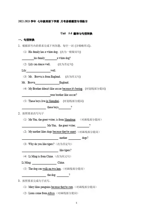 Units 5-6 易错题型：翻译与句型转换-2022-2023学年七年级英语下学期