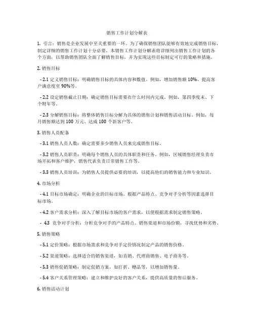 销售工作计划分解表