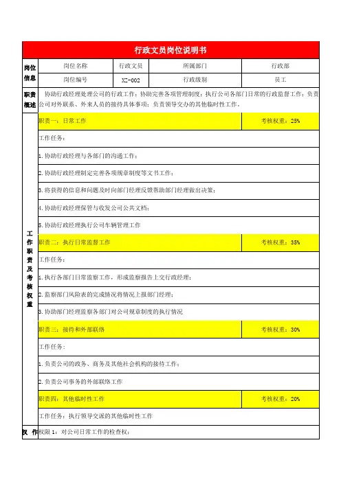 参考-行政文员岗位说明书