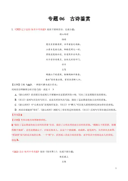 专题06  古诗鉴赏(第02期)-2023年中考语文真题分项汇编(全国通用)(解析版)