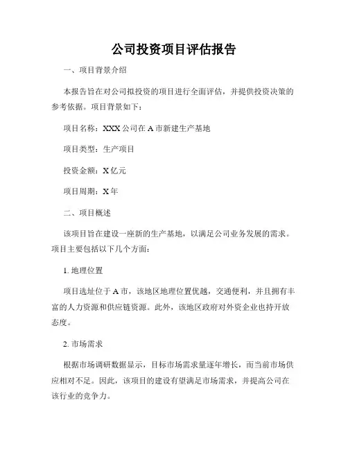 公司投资项目评估报告