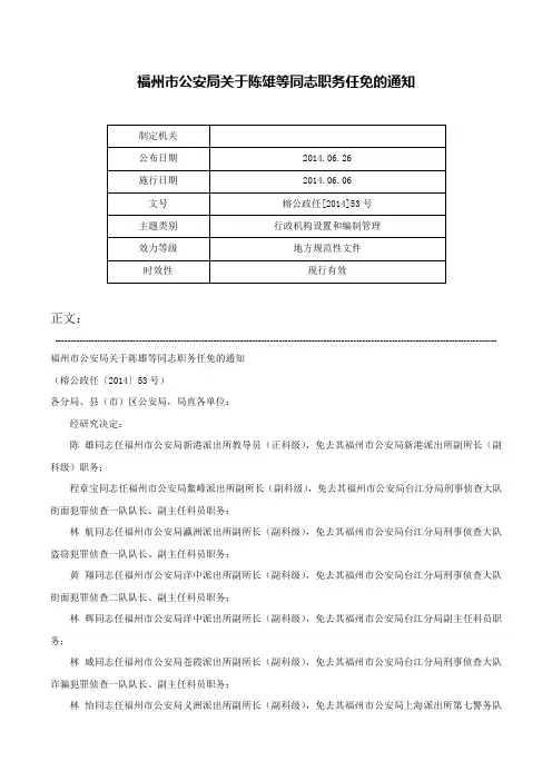 福州市公安局关于陈雄等同志职务任免的通知-榕公政任[2014]53号