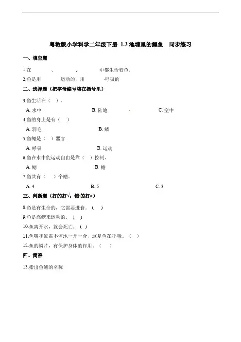 二年级下册科学一课一练池塘里的鲤鱼粤教版(含答案)