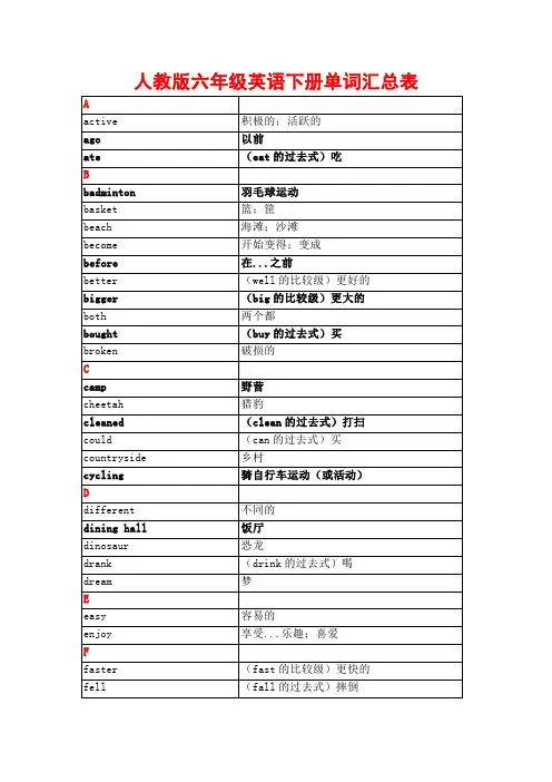 人教版六年级英语下册单词汇总表