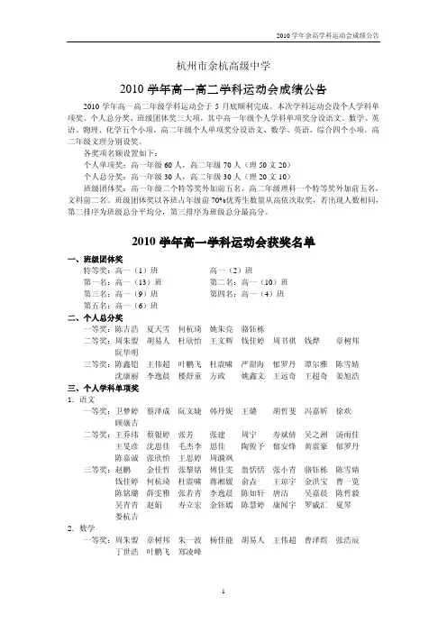 2010 学年高一学科运动会获奖名单