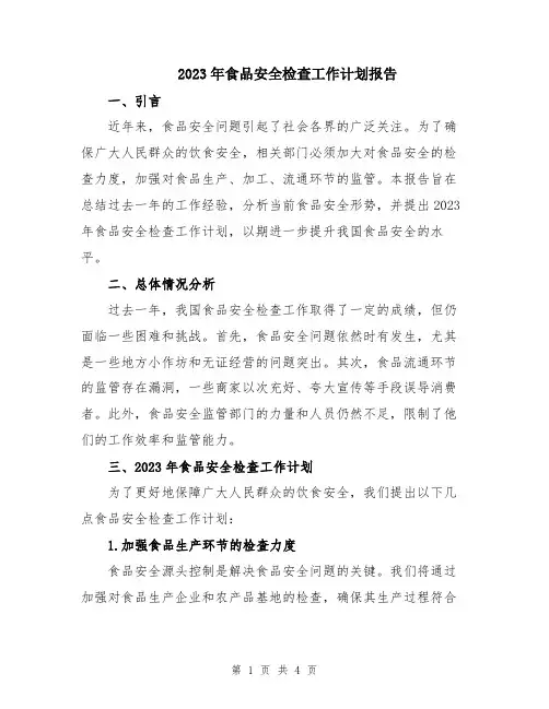 2023年食品安全检查工作计划报告