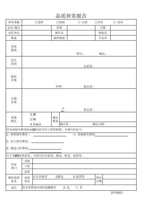 五金行业品质异常报告样板