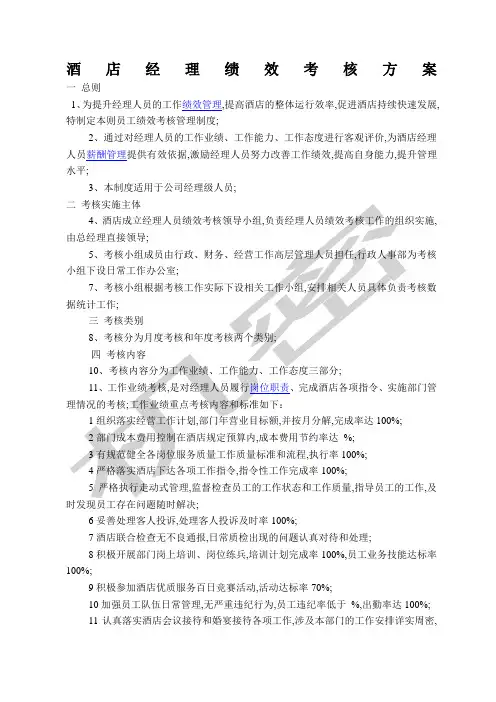 酒店经理绩效考核方案
