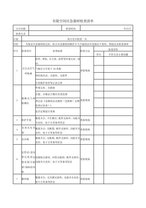 10、有限空间应急救援器材检查表