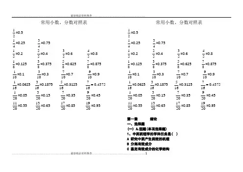 最新常用小数分数对照表