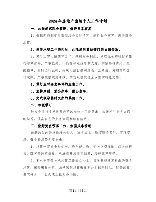 2024年房地产出纳个人工作计划（五篇）