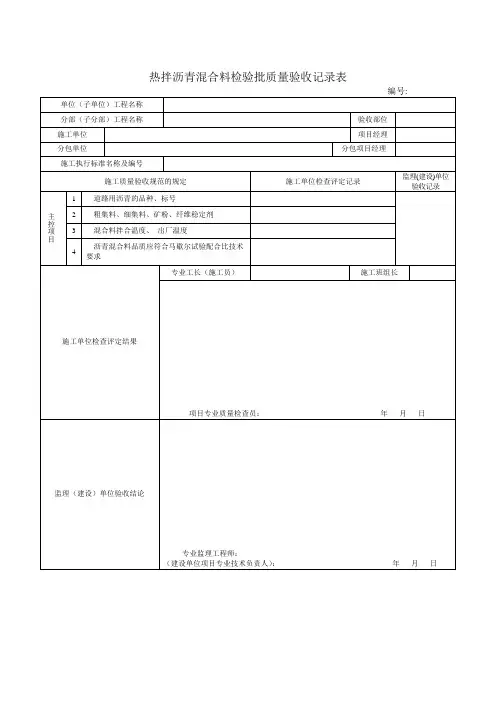 市政工程检验批质量验收记录表热拌沥青混合料检验批质量验收记录表