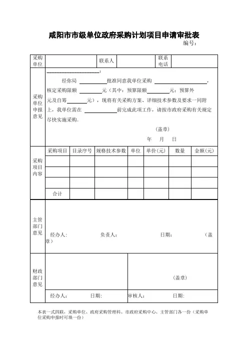 咸阳市市级单位政府采购计划项目申请审批表