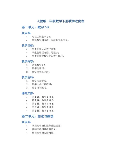 人教版一年级数学下册教学进度表