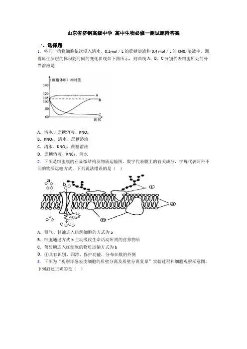 山东省济钢高级中学 高中生物必修一测试题附答案