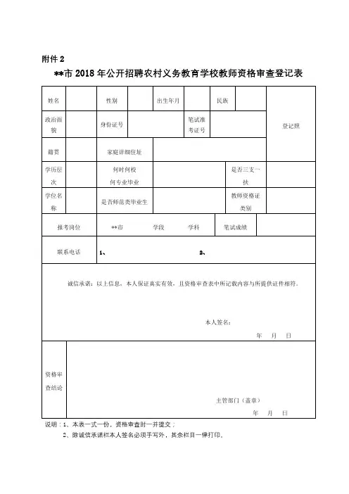 XX市2018年公开招聘农村义务教育学校教师资格审查登记表【模板】