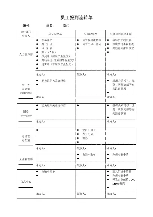 适用于所有企业的新员工入职流转单
