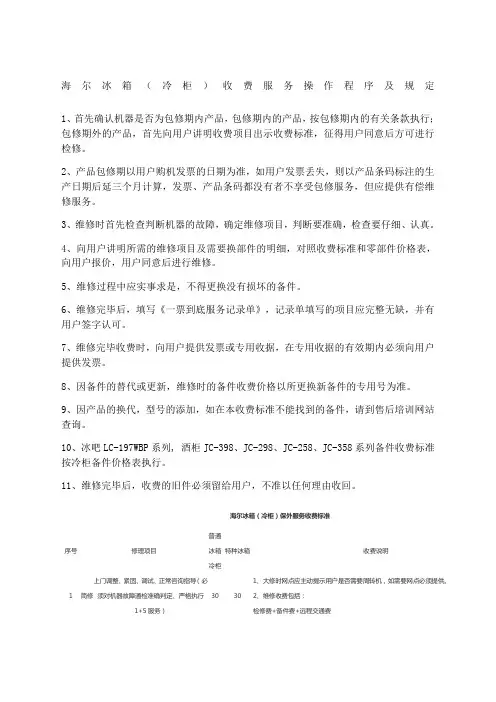 海尔冰箱售后收费标准及政策