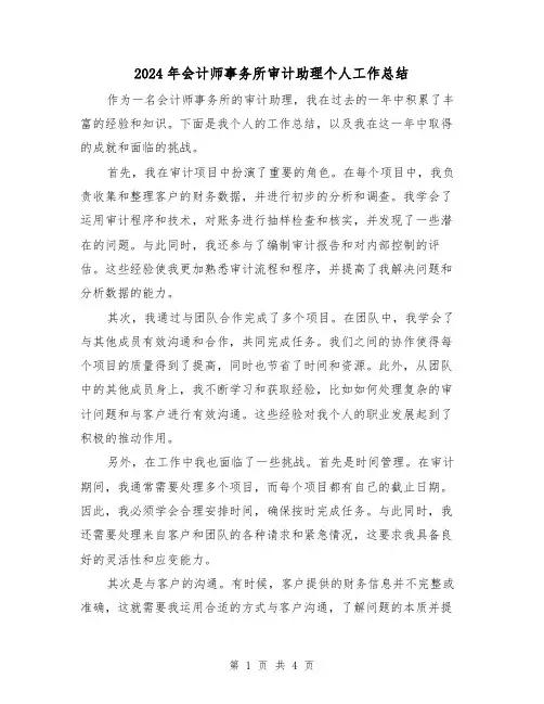 2024年会计师事务所审计助理个人工作总结（二篇）