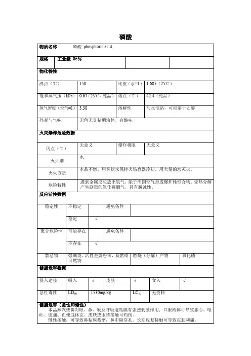 2危险化学品磷酸的理化性质及危险特性表MSDS