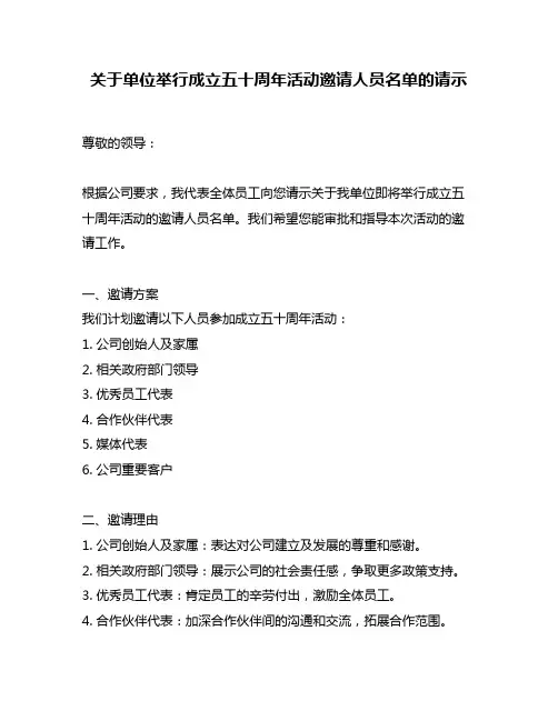 关于单位举行成立五十周年活动邀请人员名单的请示