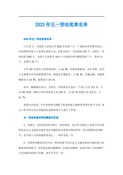 2023年五一劳动奖章名单