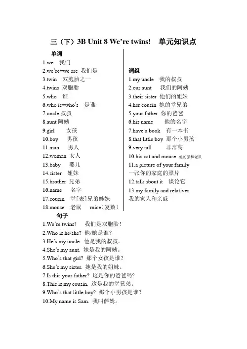 [译林版]3B Unit 8 We’re twins单元知识点
