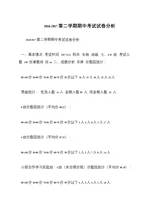 2016-2017第二学期期中考试试卷分析