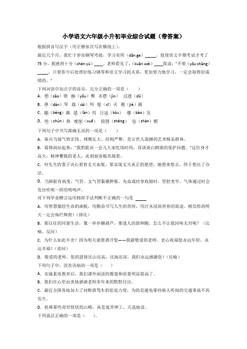 小学语文六年级小升初毕业综合试题(带答案)