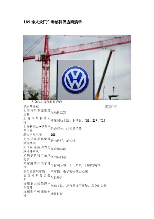 189家大众汽车零部件供应商清单