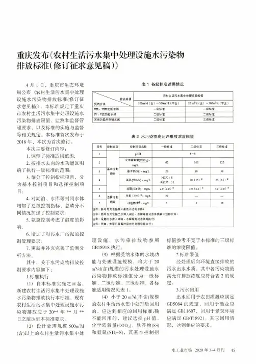 重庆发布《农村生活污水集中处理设施水污染物排放标准(修订征求意见稿)》