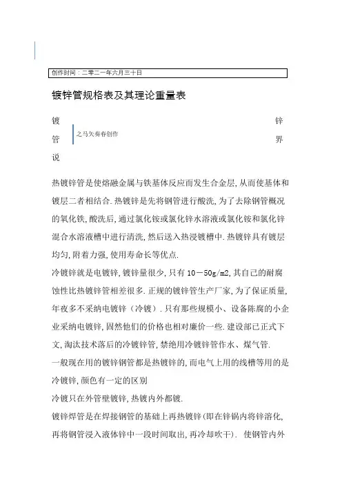 镀锌管规格表及其理论重量表