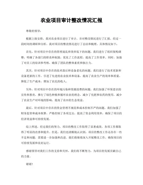 农业项目审计整改情况汇报