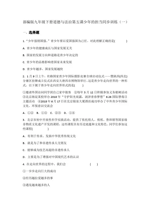 部编版九年级下册道德与法治第五课少年的担当训练(一)