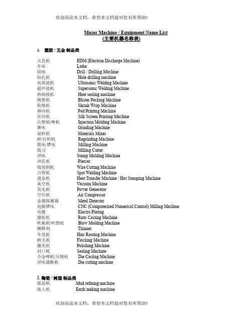 工厂主要机器设备中英对照表