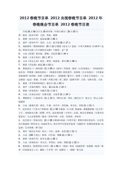 2012春晚节目单 2012央视春晚节目单 2012年春晚晚会节目单 2012春晚节目表
