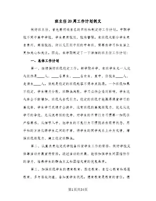 2024年班主任20周工作计划例文（4篇）