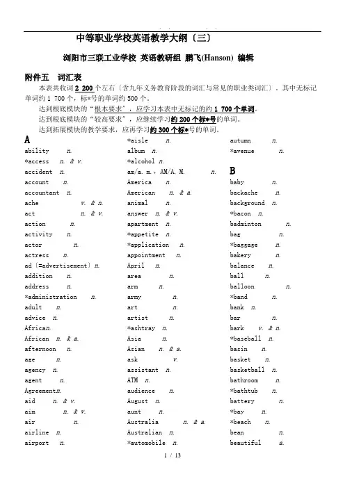 中等职业学校英语教学大纲名词词汇表